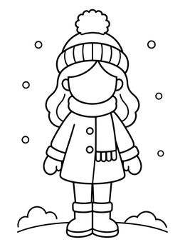 A girl in winter clothes on this blank faces coloring page ready for drawing.