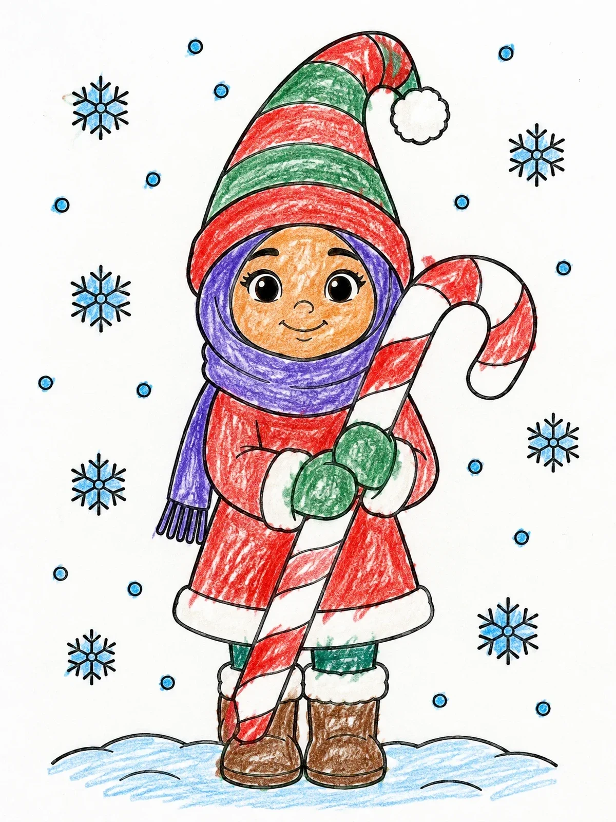 Colored example of the Cute Winter Gnome With Candy Cane coloring page