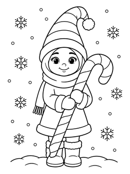 A sweet winter gnome coloring page featuring a giant candy cane and falling snowflakes.