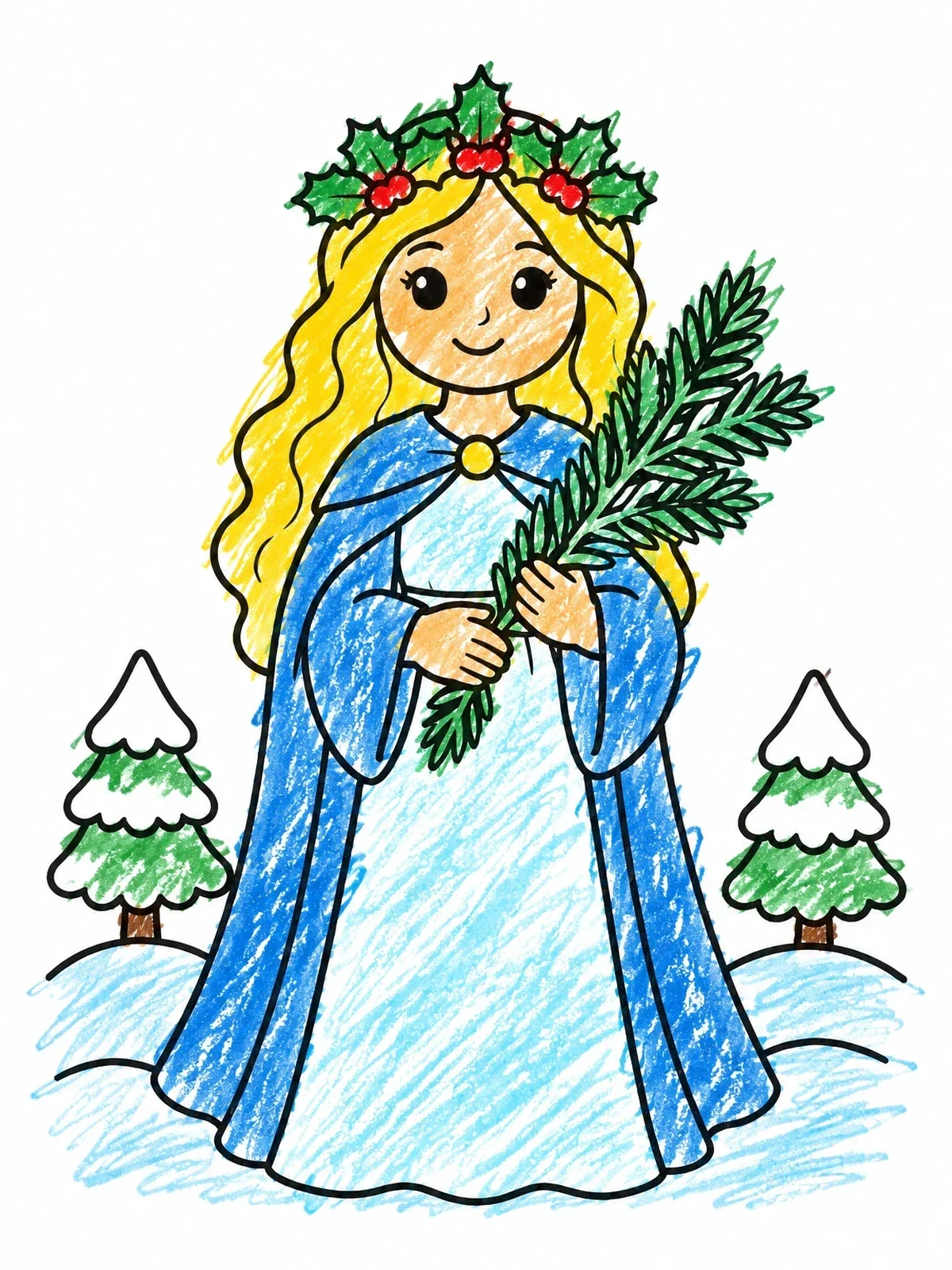 Colored example of the Winter Goddess With Holly Crown coloring page