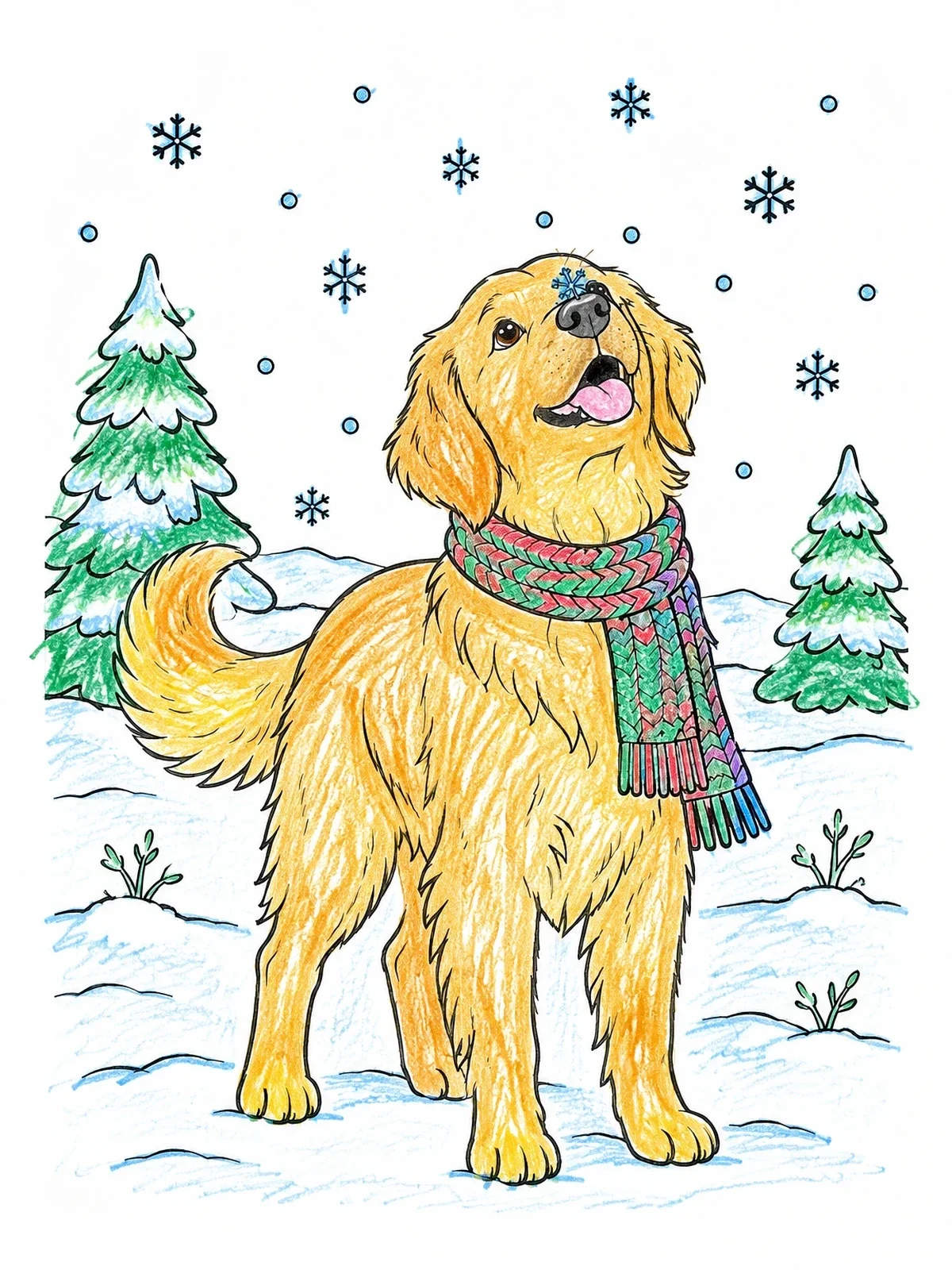 Colored example of the Winter Golden Retriever In The Snow coloring page