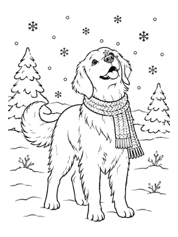 A cheerful winter golden retriever coloring page with a scarf in the snow.