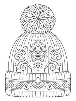 Intricate winter hats coloring page featuring a cozy patterned beanie topped with a big fluffy pom-pom.