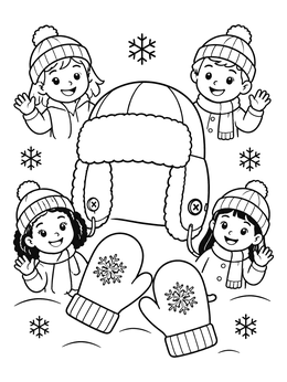 Free printable Cozy Trapper Hat And Happy Children coloring page