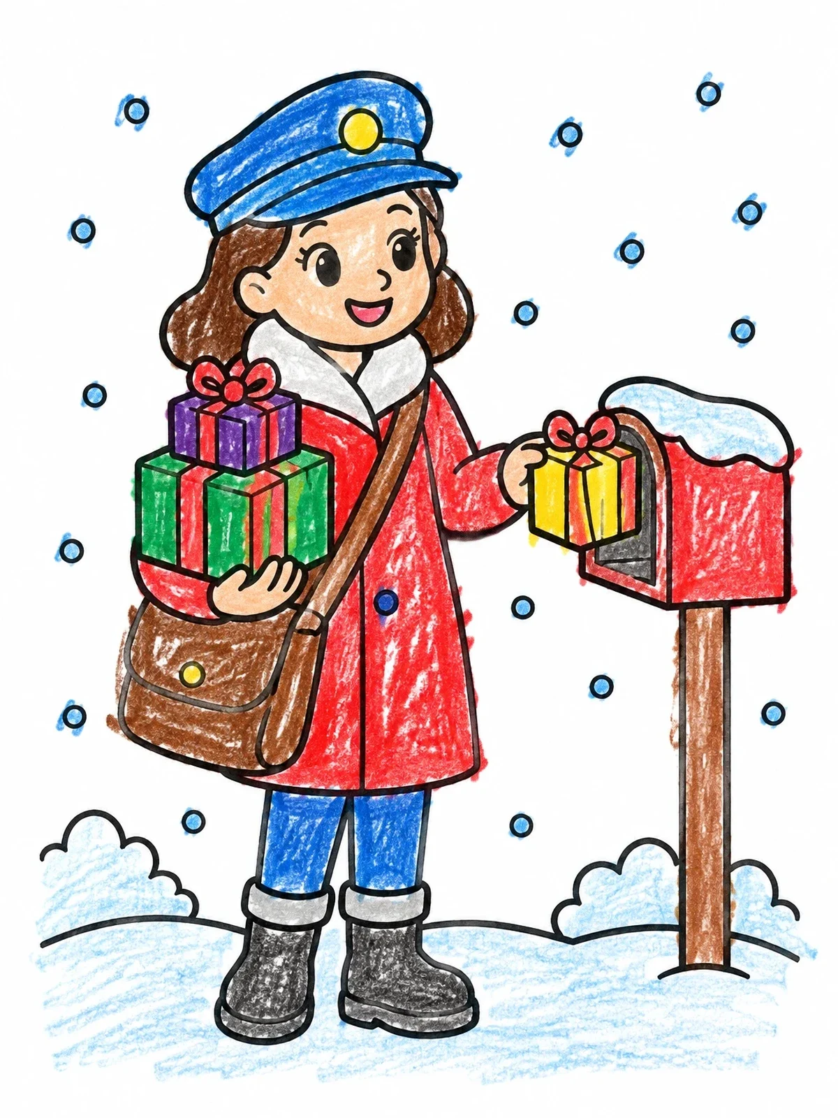 Colored example of the Winter Mail Carrier Delivering Gifts coloring page