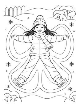 A happy young girl lies outside in a winter mood coloring page making a snow angel.