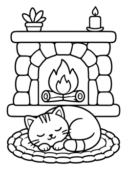 Free printable Cozy Cat By The Fireplace coloring page