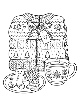 Folded warm sweaters, cookies, and tea create a cozy winter mood coloring page.