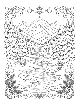 A peaceful winter mood coloring page showing a winding stream between pine trees and snowy peaks.