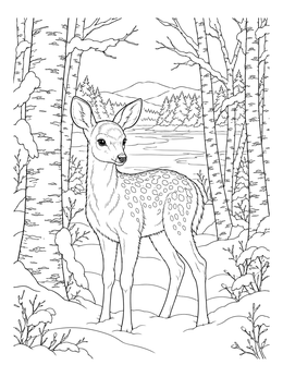 A spotted fawn standing in snow creates a gentle winter mood coloring page with birch trees.