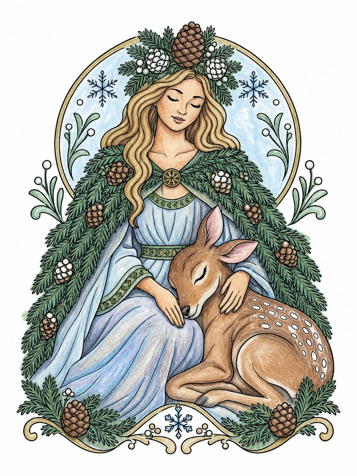 Colored example of the Winter Mother Nature And Resting Fawn coloring page