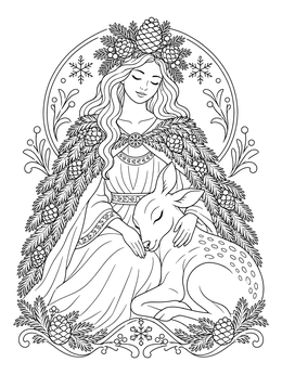 A peaceful winter mother nature coloring page with pine needle cloak resting beside a sleeping fawn.