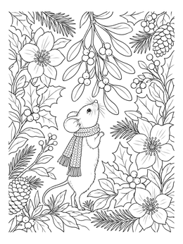 A sweet mouse in a scarf gazes upward on this mistletoe coloring page.