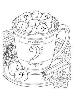 A cozy winter music coloring page featuring a mug of hot cocoa topped with musical marshmallows.