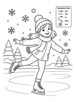 A cheerful girl glides on ice in this winter music coloring page featuring snowflakes.