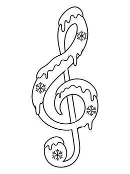 Snow and snowflakes rest on a treble clef in this winter music coloring page.