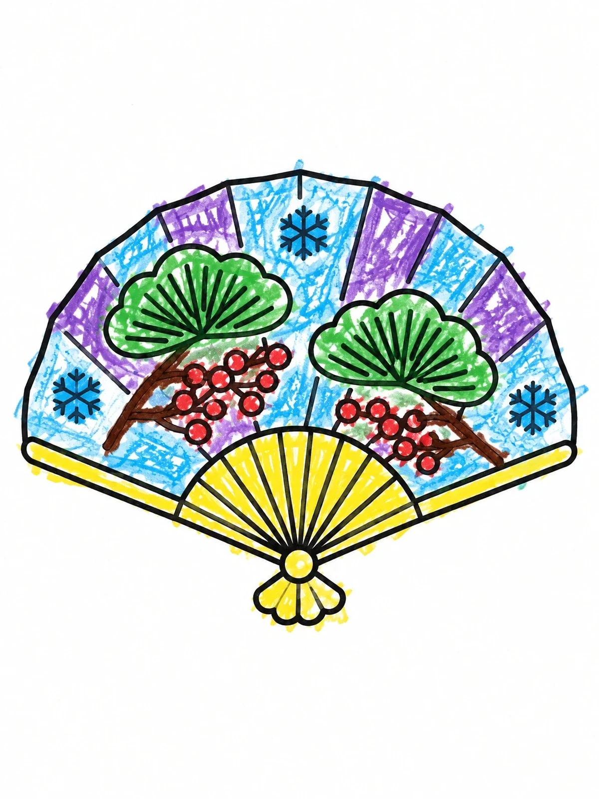 Colored example of the Winter Pattern Japanese Fan coloring page