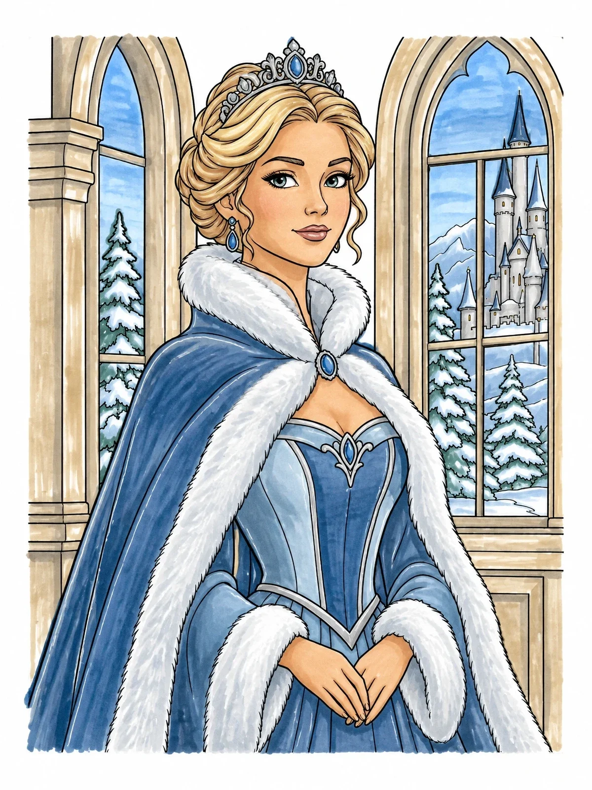 Colored example of the Winter Princess In Fur Cloak coloring page