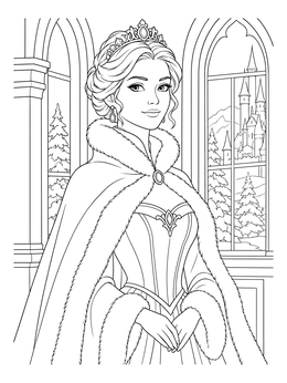 A princess wears a fur-lined cape in this ball gown dress coloring page set before palace windows.