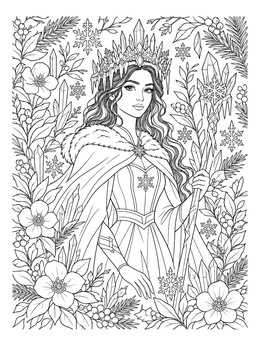 A winter princess wearing an ornate ice tiara surrounded by crystals and flowers in this princess crown coloring page.