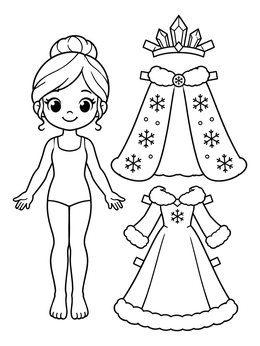 A cute winter queen paper doll coloring page with a snowflake cape, ice crown, and dress.