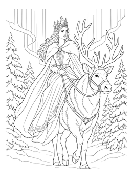 A queen coloring page showing a regal woman on a reindeer in a snowy forest.