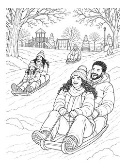 Families ride down a snowy hill in this sledding coloring page with a playground in the background.