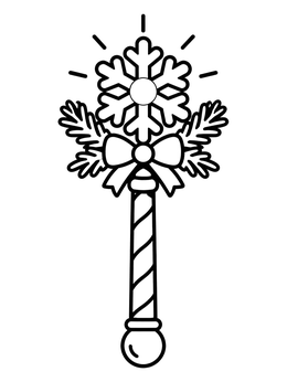 A festive winter magic coloring page showing a wand with a snowflake, bow, and pine twigs.