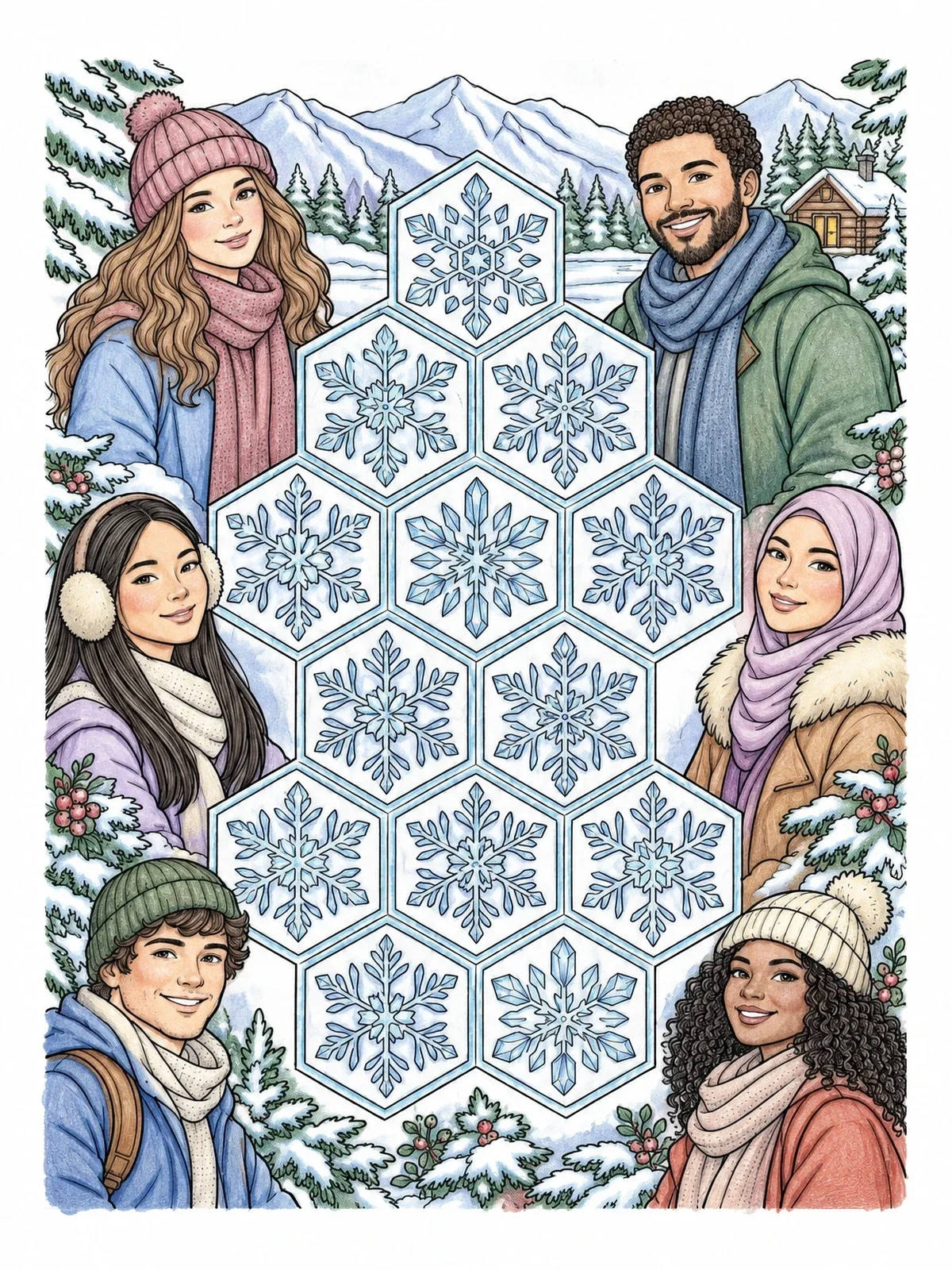 Colored example of the Winter Snowflakes In Hexagonal Pattern coloring page