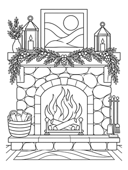 A cozy stone hearth scene in this winter solstice coloring page.