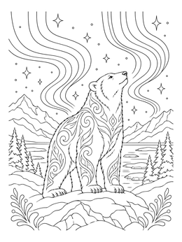 A decorative winter solstice coloring page showing a polar bear looking up at the aurora borealis.