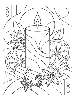 A peaceful winter solstice coloring page featuring a glowing pillar candle with cinnamon, star anise, and citrus.