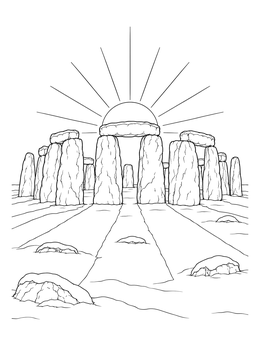 A peaceful winter solstice coloring page showing a stone monument aligned with the rising sun across snowy ground.