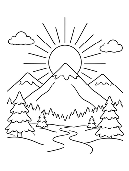 Free printable Winter Solstice Sunrise Over Mountains coloring page