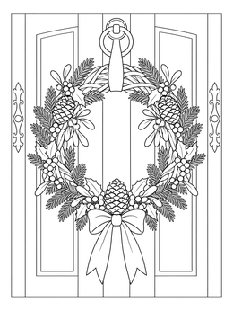 A decorative winter solstice coloring page featuring an evergreen wreath with pinecones on a door.