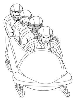 A four-person team in a fast winter sports coloring page.