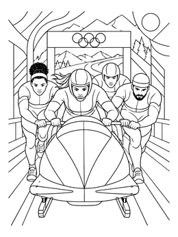 A four-person team pushes their sled in this winter sports coloring page on an icy track.