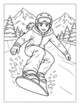 A smiling girl glides down a halfpipe in this winter sports coloring page.