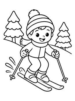 Free printable Happy Kid Skiing Downhill coloring page