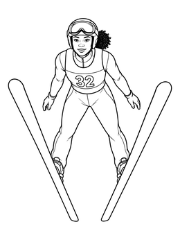 A winter sports coloring page featuring a female ski jumper soaring in mid-air with skis spread wide.