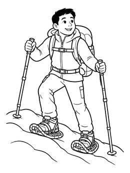 Free printable Cheerful Boy Snowshoeing On Snowy Hill coloring page