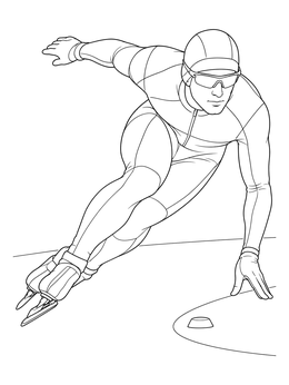 A dynamic winter sports coloring page featuring a speed skater leaning into a sharp oval turn.