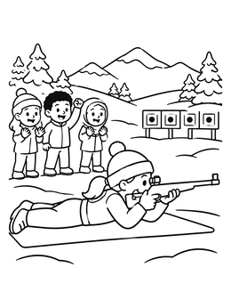 A young athlete aims at targets in this winter sports coloring page with friends cheering.