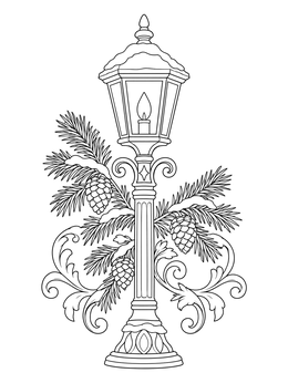An ornate street lamp coloring page decorated with snowy pine branches and cones.
