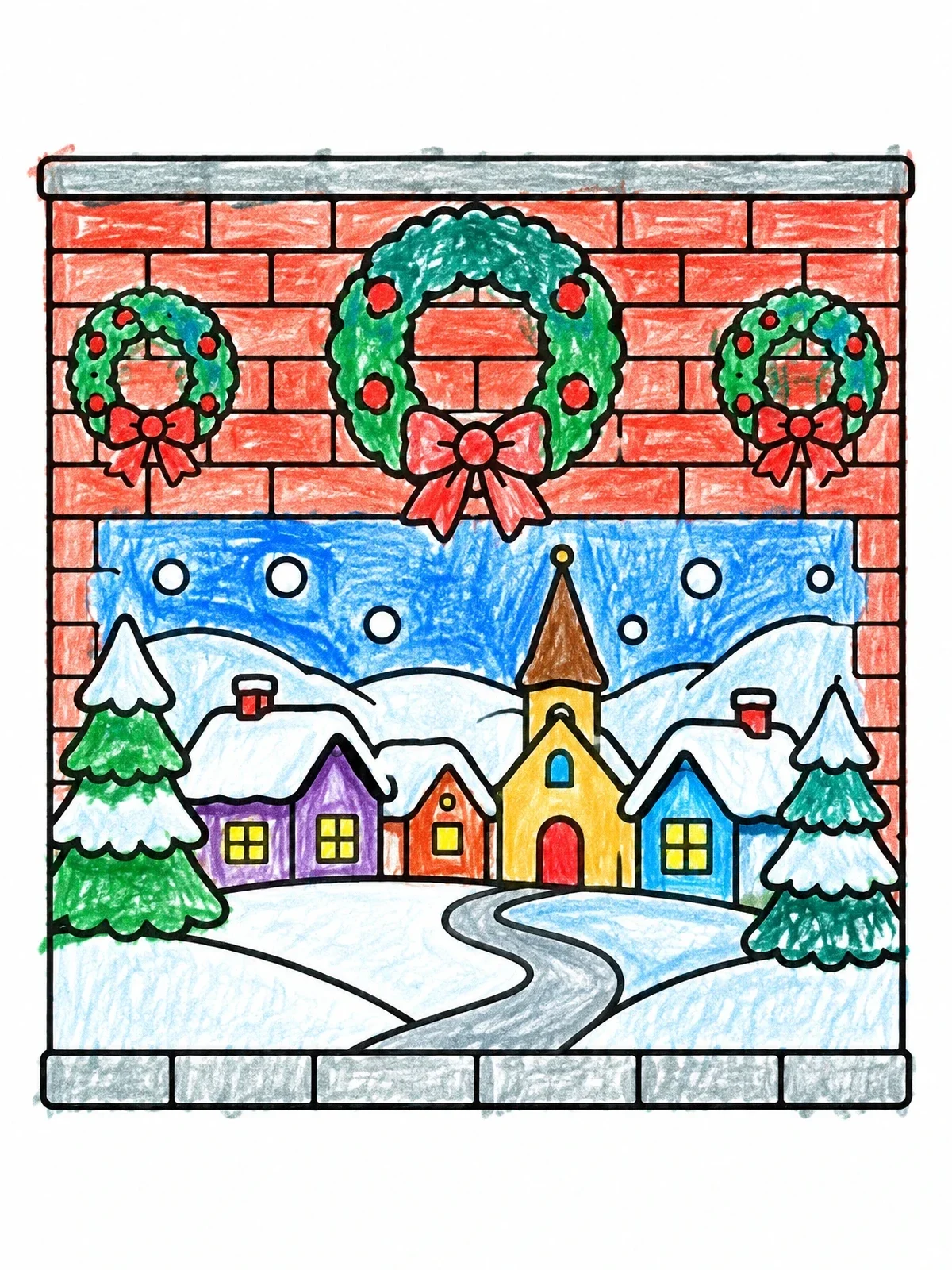 Colored example of the Winter Village Holiday Wall Mural coloring page