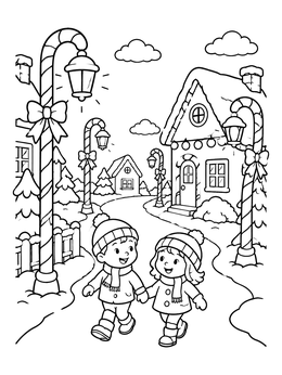 A cheerful candy cane coloring page of two children walking down a festive snowy village street.