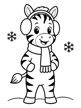A cute winter zebra coloring page showing a cartoon foal bundled up in earmuffs and a cozy scarf.