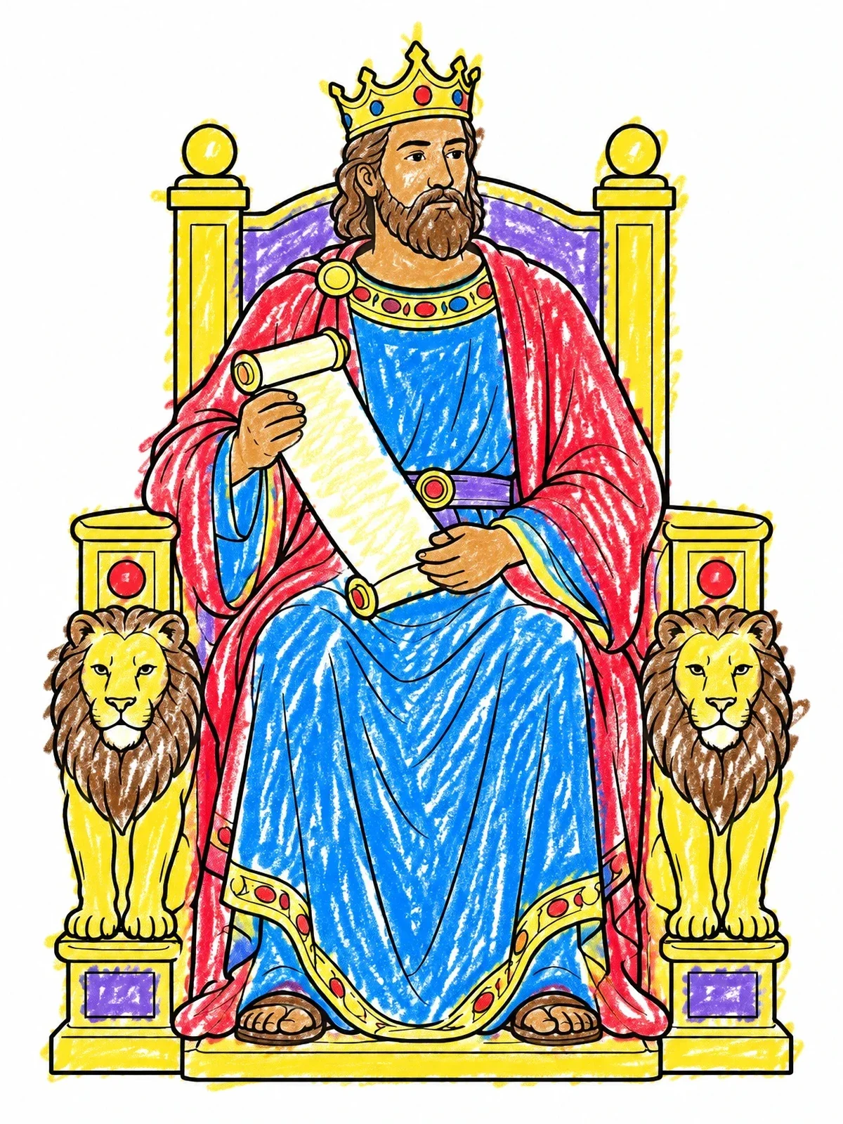 Colored example of the Wise King Solomon On Lion Throne coloring page