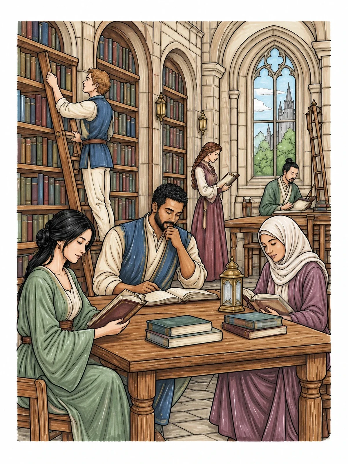 Colored example of the Scholars In An Ancient Library coloring page