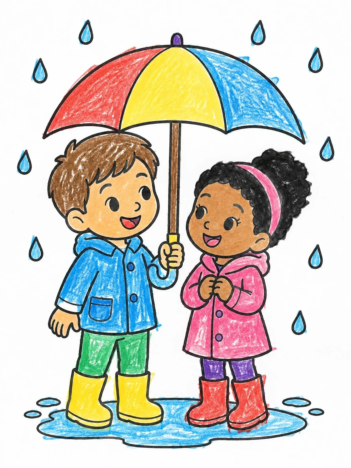Colored example of the Sharing An Umbrella In Rain coloring page